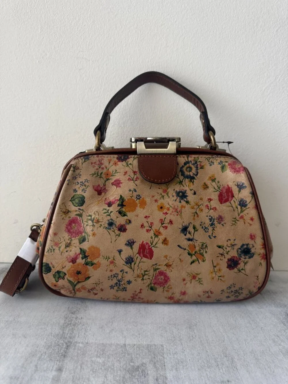 Patricia Nash Gracchi Prairie Rose Tan Framed Leather Satchel Xbody Floral